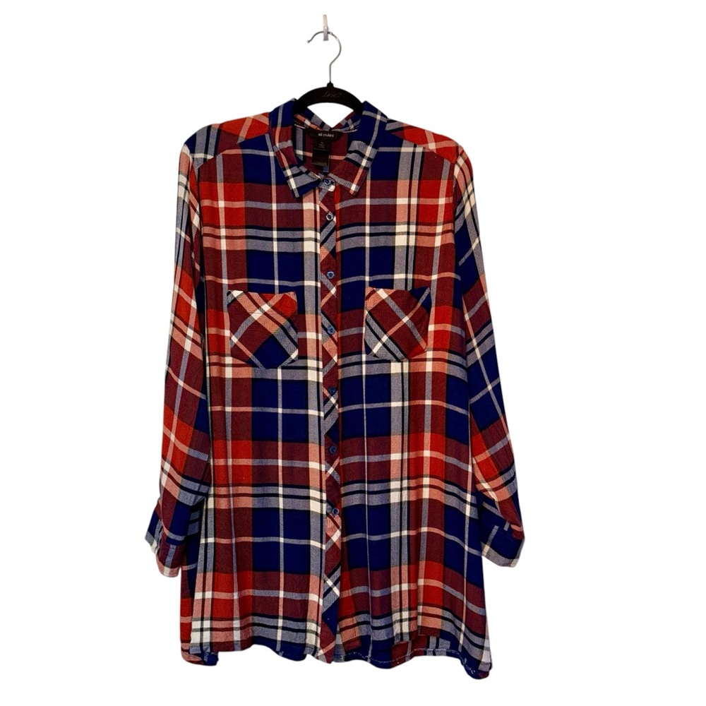 Ali Miles Button Down Plaid Tunic Top Roll Tab Sleeve Plus Sz 1X Rayon